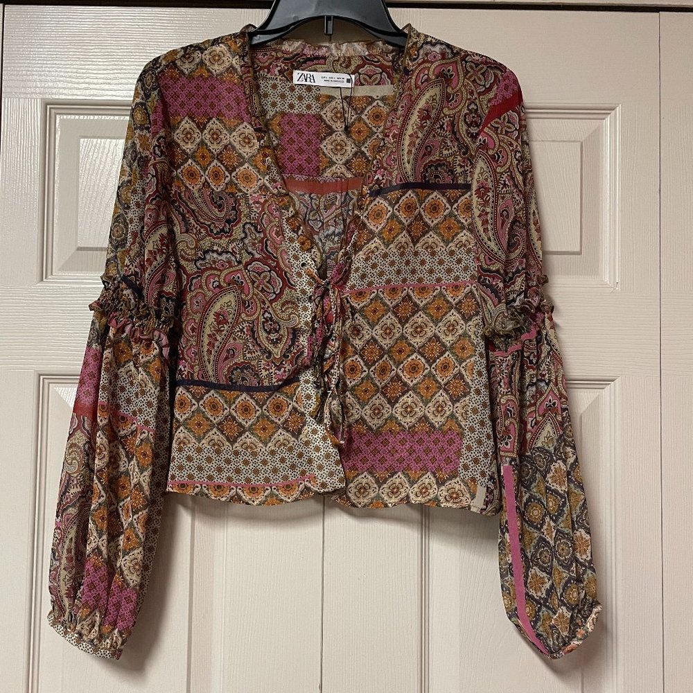 Zara sheer lace up long sleeve peasant boho crop blouse top paisley size L NWOT